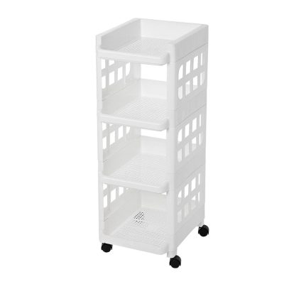 4 szintes műanyag tároló polc görgőkkel, fehér