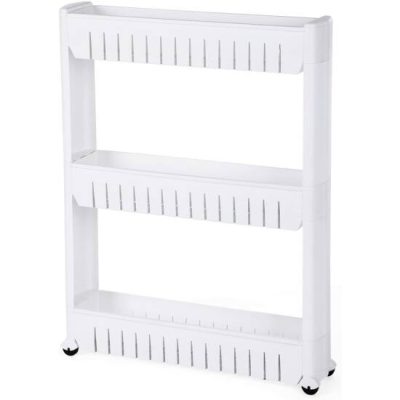Keskeny csúsztatható tároló polc kerekekkel, 72,5 cm fehér