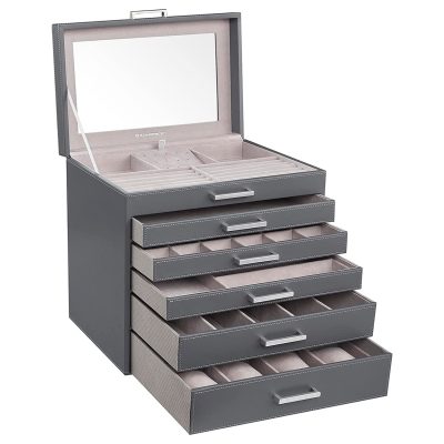 6 szintes nagy ékszerdoboz fiókokkal és tükörrel