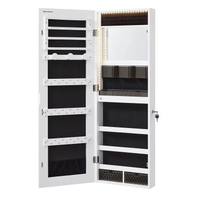 Ékszerszekrény, rendszerező led lámpákkal, falra szerelhető tároló szekrény, fehér