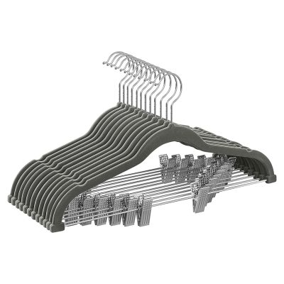 Nadrágakasztók, bársony vállfák állítható kapcsokkal, 12 darab, szürke