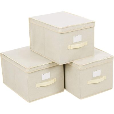 Összehajtható 3 db tárolódoboz, doboz címketartókkal, bézs