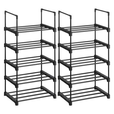 Egymásra rakható 5 szintes cipőtartó, 2 db fém cipőtároló rendszer, fekete