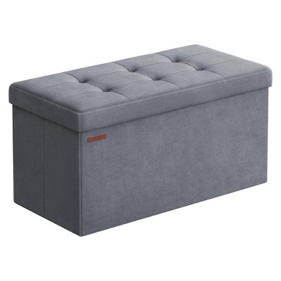 Tárolópad, bársony puff tetővel, 2 dobozzal, szürke, 38 x 76 x 38 cm