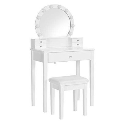 Modern fésülködőasztal, sminkasztal fükörrel és 10 fényerő-szabályozható izzóval, fehér