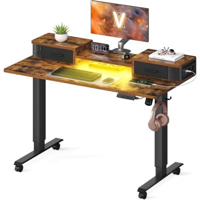 Magasságállítható elektromos íróasztal led világítással(7 szín), 60 x 120 cm, vintage barna/fekete