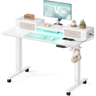 Állítható magasságú elektromos íróasztal led világítással, 60 x 120 cm, fehér