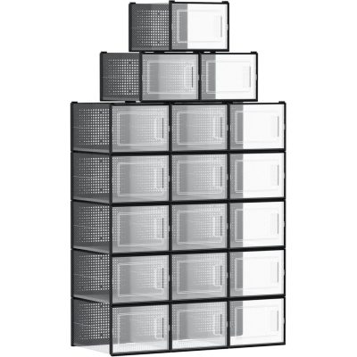 Cipősdobozok, 18 darabos szett, műanyag cipőrendezők 46-os méretig, átlátszó/fekete