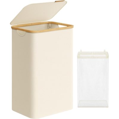 Szennyeskosár fedéllel, nagy szennyestartó, 90l, 42 x 32 x 70,5 cm, krémfehér