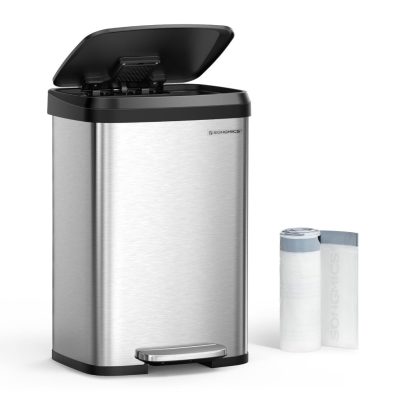 50 literes konyhai szemetes, fém pedálos kuka fedéllel, keskeny és tágas, ezüst