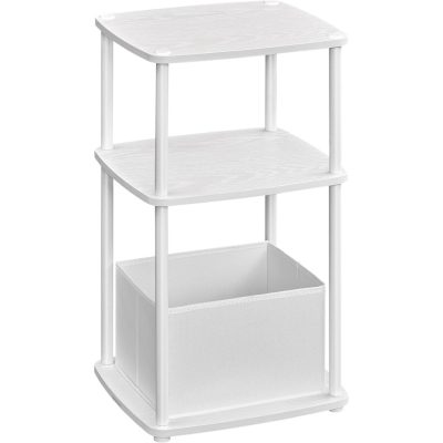 Éjjeliszekrény, asztal 3 tárolópolccal, szövetkosárral, fehér