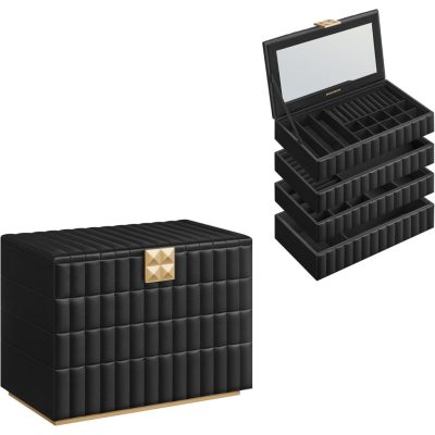 Egymásra rakható ékszerdoboz tükörrel, 4 szintes ékszertároló, fekete
