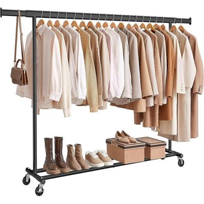 Ruhatartó állvány kerekekkel, nagy teherbírású gurulós gardróbállvány, max. 150 kg terhelhetőség, fekete