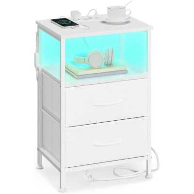 SONGMICS éjjeliszekrény töltőállomással, állítható LED-világítással, hófehér