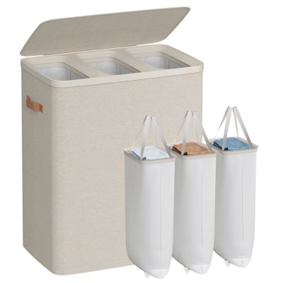 Szennyestartó Kosár, 190 L-es, 3 Rekeszes Szennyeskosár, 64 x 40 x 75 cm, Cappuccino Bézs