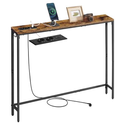 Töltőállomásos keskeny konzolasztal vintage barna-fekete színben