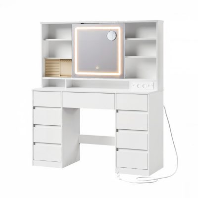 Fésülködő asztal, sminkasztal LED tükörrel és 9 fiókkal, szerszámmentes összeszerelés, Fehér