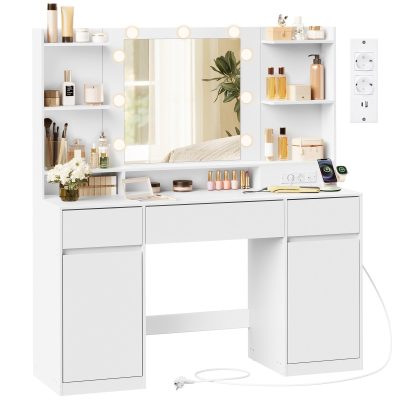 KAILYN Fésülködő asztal, tükrös sminkasztal LED világítással puffal és 2 szekrénnyel