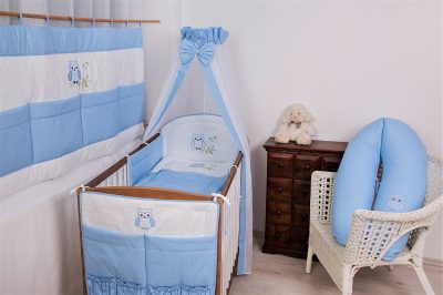 4 részes babaágynemű szett - Lulu bagoly, kék pöttyös