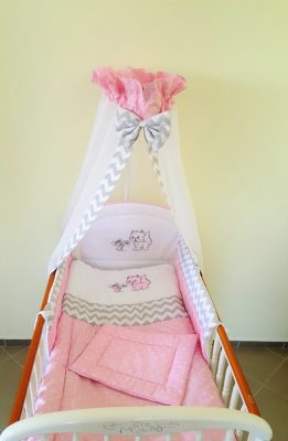 4 részes babaágynemű szett - Rózsaszín csillagos chevron cica - egér