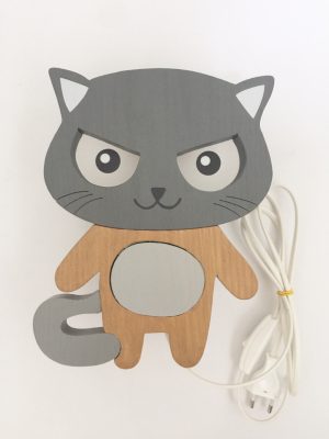 Cica falilámpa, mérges, szürke/tölgy - gyereklámpa fából