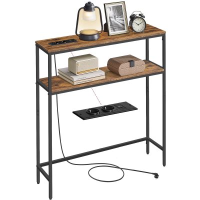 VASAGLE Konzolasztal, Keskeny Kanapé Asztal 2 Polccal, 20 x 80 x 80 cm, Vintage Barna