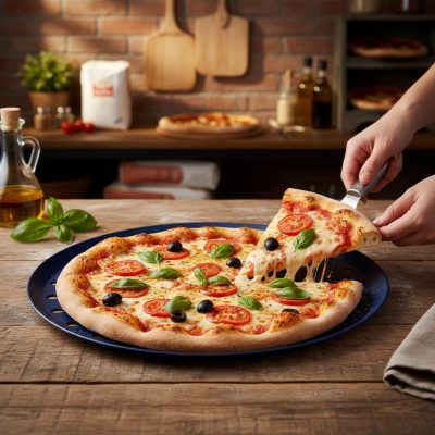 Kékvas perforált perem nélküli pizzaforma, 28 cm, de Buyer
