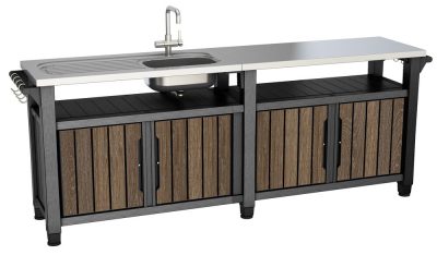 Keter UNITY CHEF kerti mobil műanyag szekrény-asztal – 415 L, mosogatóval, rozsdamentes munkalap, walnut