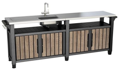 Keter UNITY CHEF kerti műanyag mobil szekrény-asztal – 415 L, mosogatóval, rozsdamentes munkalap, ashwood