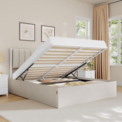 Ágykeret, ágy, 160 × 200 cm, felhajtható ágyrács, cappuccino bézs