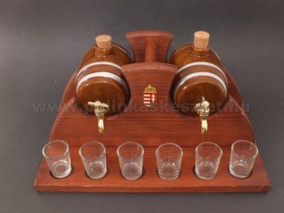 Pálinkás készlet íves, 2 kerámia hordóval, 6 pohárral - barna