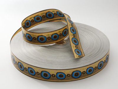 Páva mintás szalag arany-kék 50 mm széles