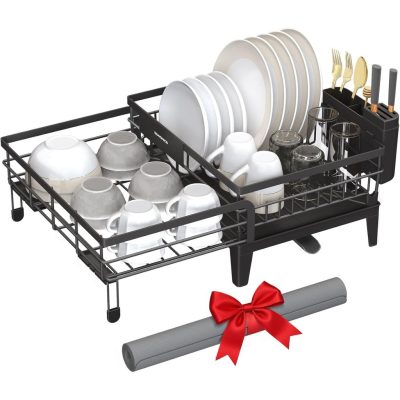 Edényszárító állvány, 360°-ban forgatható és kihúzható lefolyóval, fekete