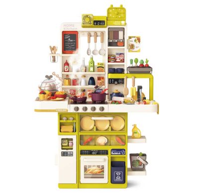 Mama Kiddies Interaktív "Spraying Kitchen" Játékkonyha – 121 darabos készlet,103 cm magas fény- és hangeffektekkel sárgászöld színben