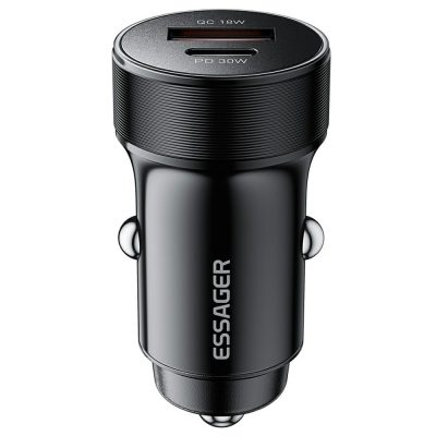 ESSAGER® ES-CC24 PD 30W - alumínium autós töltő. 1x USB-A + 1x USB Type-C gyorstöltő port, intelligens chip - fekete
