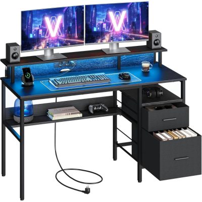 Íróasztal LED világítással és fiókokkal, 55 x 135 x 90 cm, fekete
