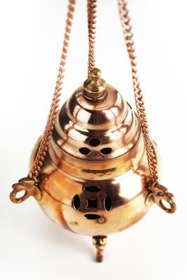 Templomi füstölő vörösrézből lánccal – kézi és függeszthető szertartásos füstölő, turibulum