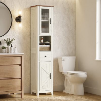 VASAGLE rusztikus fürdőszobaszekrény, 1 fiókkal és nyitott polcokkal, 171 cm