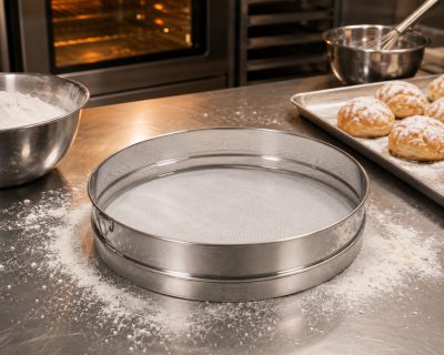 Nagy méretű rozsdamentes lisztszita 30 cm de Buyer – finom szemű cukrász szita